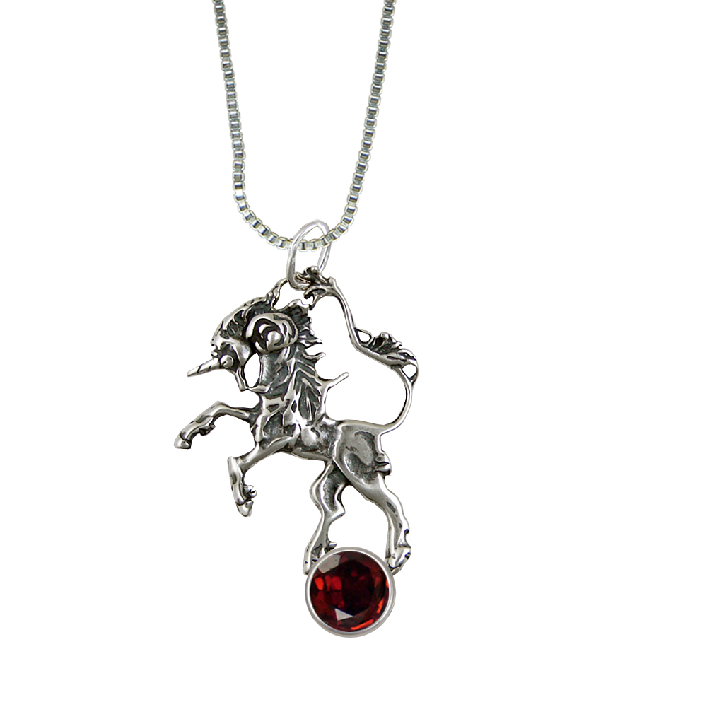 Sterling Silver Dancing Unicorn Pendant With Garnet